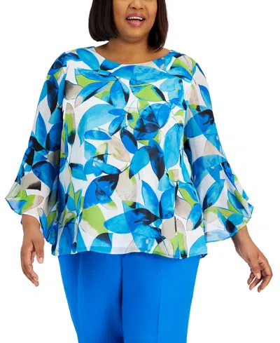 Kasper Plus Size Printed Ruffle-sleeve Top In Lily White,light Azure