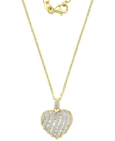 Macy's Cubic Zirconia Round & Baguette Heart Pendant Necklace In 14k Gold-plated Sterling Silver, 16" + 2"