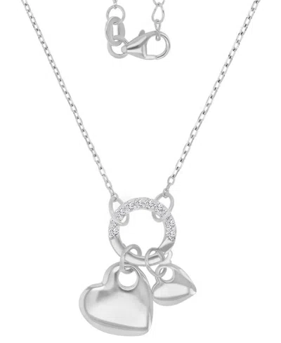 Macy's Cubic Zirconia Double Heart Charm & Holder Pendant Necklace, 16" + 2" Extender In Silver