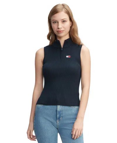 Tommy Jeans Women's 1/4-zip Sleeveless Badge Sweater In Dark Night Navy