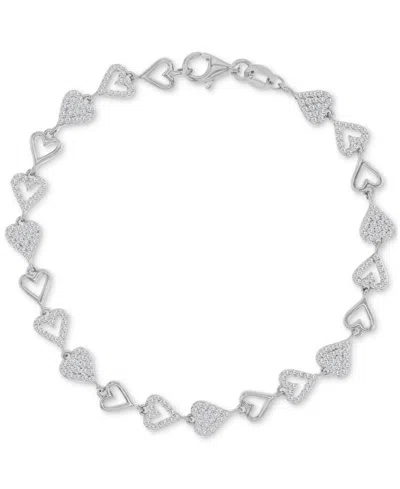 Macy's Cubic Zirconia Pave & Polished Heart Link Bracelet In Silver