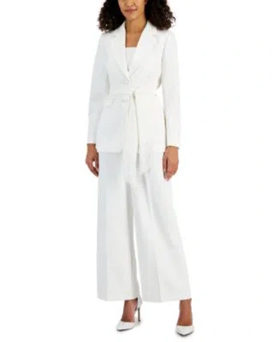 Tahari Asl Womens Belted Blazer Cropped Blouse Wide Leg Pants In Ivory