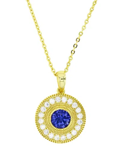 Macy's Cubic Zirconia Halo Halo Bead Disc Pendant Necklace In 14k Gold-plated Sterling Silver, 18" + 2" Ext In Blue