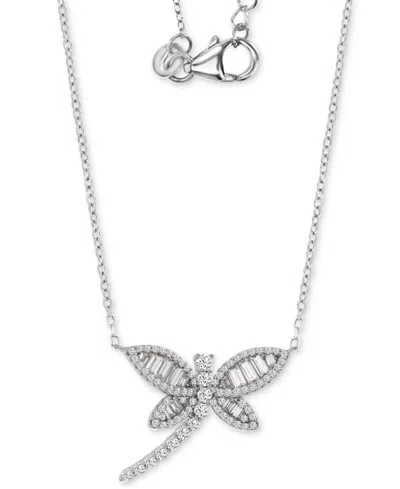 Macy's Cubic Zirconia Baguette & Round Dragonfly Pendant Necklace In Sterling Silver, 18" + 2" Extender