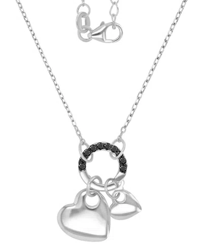 Macy's Black Spinel Double Heart & Ring Pendant Necklace (1/5 Ct. T.w.) In Sterling Silver, 16" + 2" Extend