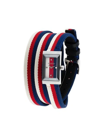 Gucci G-frame Rectangular Nylon Strap Watch, 14mm X 25mm In Blue,silver Tone,white