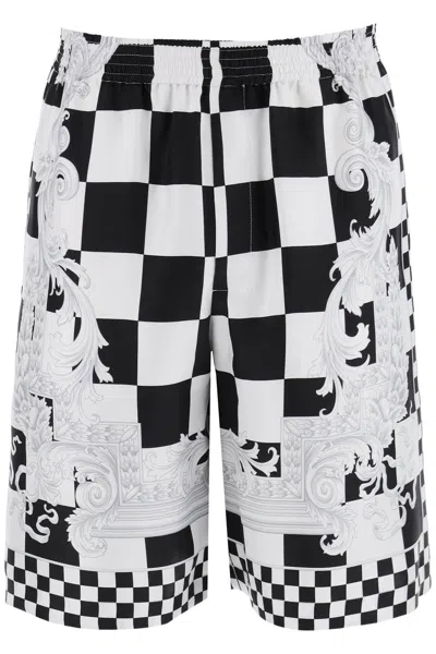 Versace Contrast Medusa Check-pattern Silk Shorts In Black,white