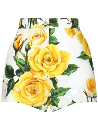 Dolce & Gabbana Cotton Shorts With Yellow Rose Print In Weiss