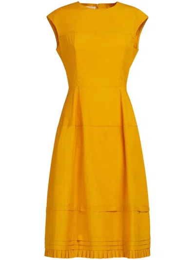 Marni Cotton Poplin Pleated Midi Dress In Yellow & Orange