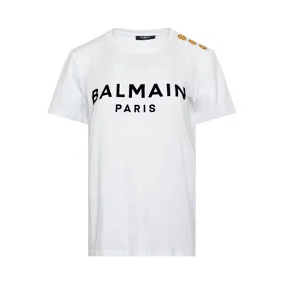 Balmain 3 Buttons Flocked Logo T-shirt In White