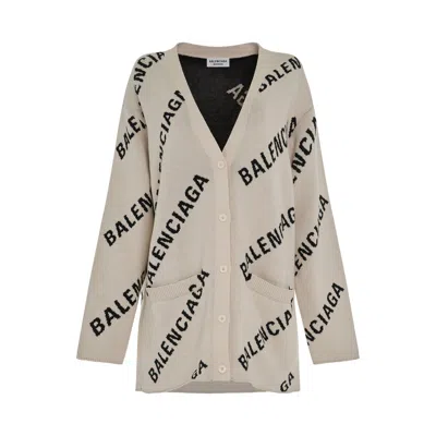 Balenciaga Allover Logo Knit Cardigan In Neutral