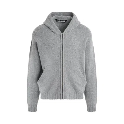 Palm Angels Curved Logo Zip Knit Hoodie In Gray