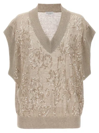 Brunello Cucinelli Sequin-embellished Knitted Vest In Beige