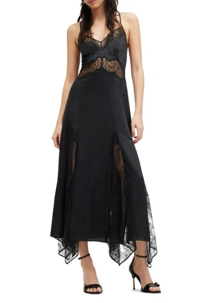 Allsaints Jasmine Silk Blend Lace Maxi Slip Dress In Black