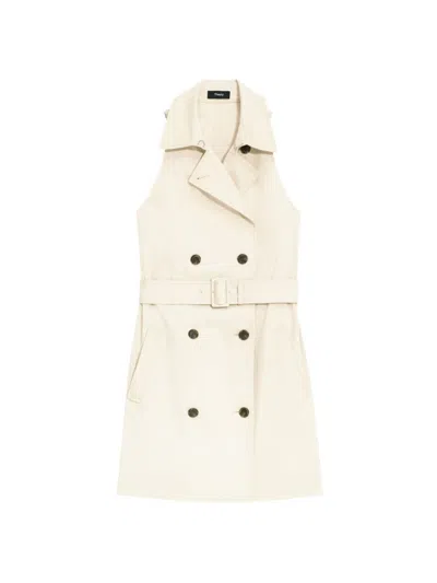 Theory Sleeveless Belted Mini Halter Trench Dress In Sand