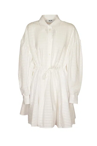 Msgm Seersucker Drawstring Waist Mini Dress In White