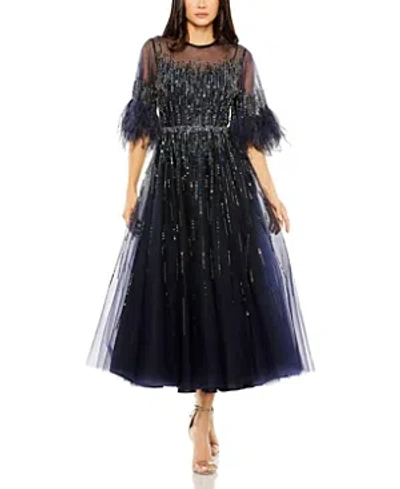 Mac Duggal High Neck A-line Tea-length Dress With 3/4 Feather Detail Sleeves In Navy