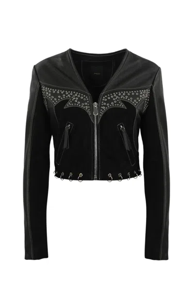 Pinko Leather And Suede Biker Jacket With Piercing Detail In Nero Limousine