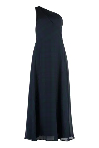 Polo Ralph Lauren Black Watch Plaid One-shoulder Georgette Gown In Blue