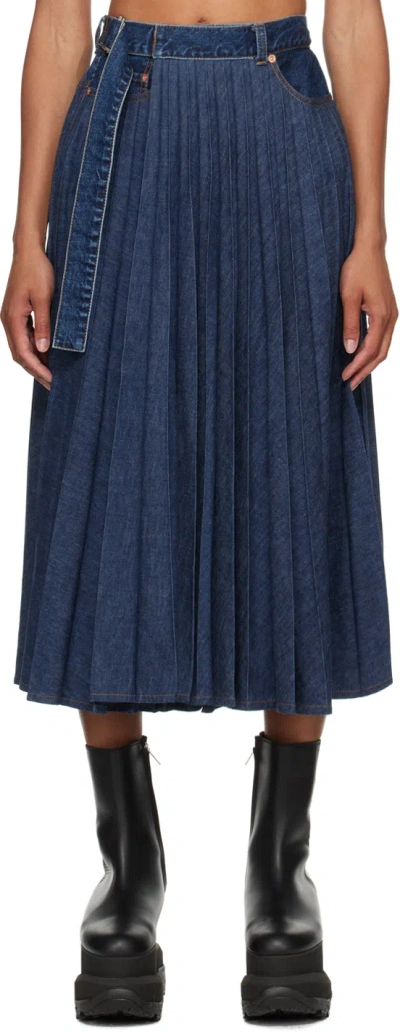 Sacai Belted Denim Pleated Midi Skirt In Blue