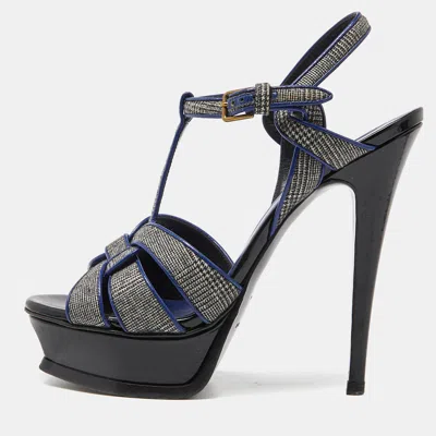 Pre-owned Saint Laurent Grey/blue Fabric And Leather Tribute Ankle Strap Sandals Size 37.5