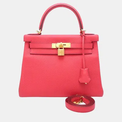 Pre-owned Hermes Rouge Tomato X Engraved 2016 Taurillon Clemence Kelly 28 Bag In Red