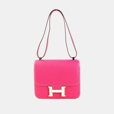 Pre-owned Hermes Rose Tyrian Silver Vaux Epson Constance 24 Ladies Shoulder Bag In Pink