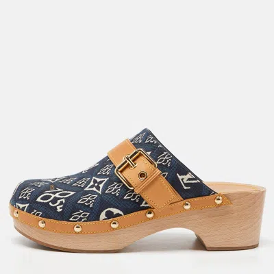 Pre-owned Louis Vuitton Navy Blue/tan Printed Canvas And Leather Cottage Clog Mules Size 38
