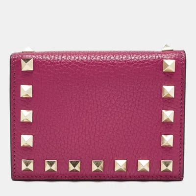 Pre-owned Valentino Garavani Magenta Leather Rockstud Flap Compact Wallet In Pink