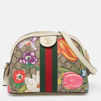 Pre-owned Gucci Off White/beige Gg Supreme Canvas Small Floral Ophidia Shoulder Bag