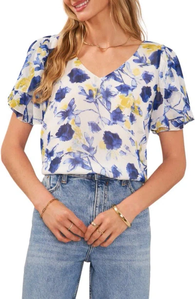 Vince Camuto Floral Tulip Sleeve Top In Ultra White