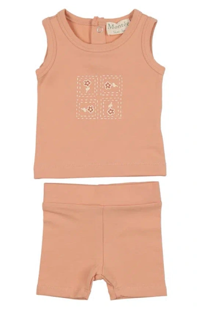 Maniere Babies' Floral Tile Stretch Cotton Tank & Shorts Set In Coral
