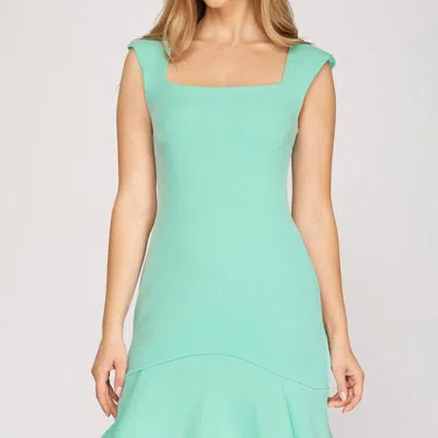 She + Sky Sleeveless Square Neck Dress With Pleated Hem In Mint In Green
