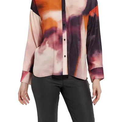 Lyssé Printed Stitched Satin Watercolor Blouse In Purple Watorcolo