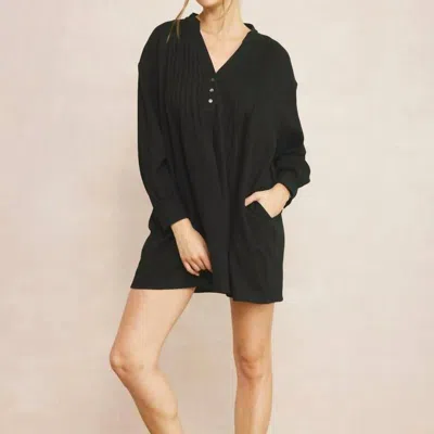 Entro Solid Textured Long Sleeve Dress In Black