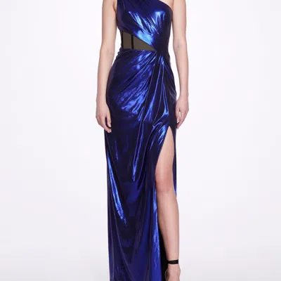 Marchesa Notte Foiled Gown In Blue
