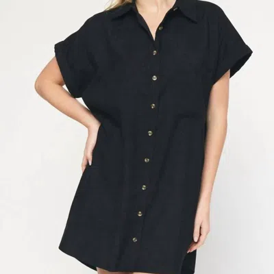 Entro Corduroy Short Sleeve Button Up Dress In Black