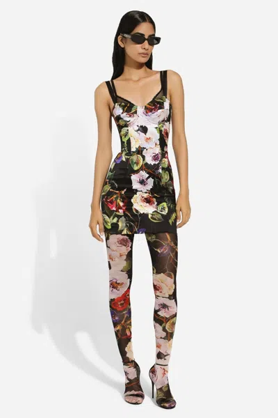 Dolce & Gabbana Short Satin Corset Dress In Rose Garden Print