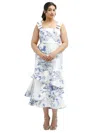 Dessy Collection Floral Bow-shoulder Satin Midi Dress With Asymmetrical Tiered Skirt In Cottage Rose Larkspur