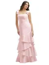 Dessy Collection Bow-shoulder Satin Maxi Dress With Asymmetrical Tiered Skirt In Ballet Pink