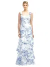 Dessy Collection Floral Bow-shoulder Satin Maxi Dress With Asymmetrical Tiered Skirt In Cottage Rose Larkspur