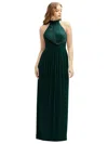 After Six Band Collar Halter Open-back Metallic Pleated Maxi Dress In Metallic Evergreen