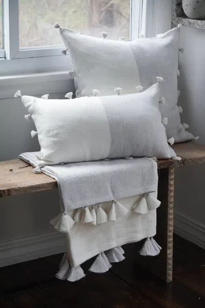 Anaya Home Light Grey Tassels So Soft Linen Pillow In Light Grey & White