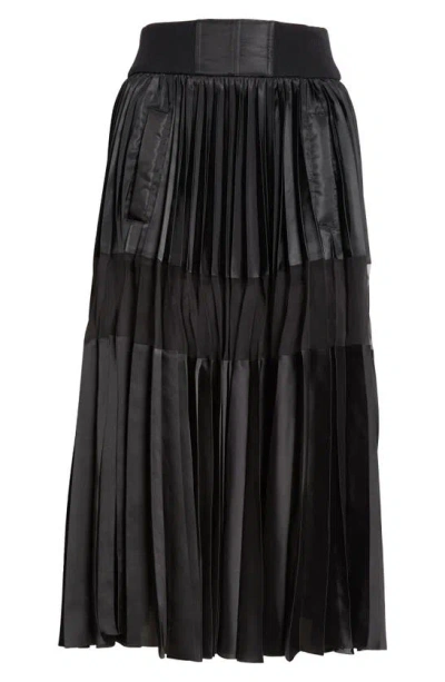 Sacai Sheer Panel Pleated Midi Skirt In Black