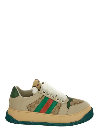 Gucci Double Screener Leather Sneakers In Beige
