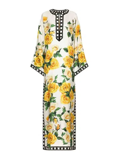 Dolce & Gabbana Rose Print Kaftan In Yellow