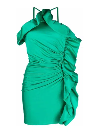 P.a.r.o.s.h. Ruffled Ruched Satin-finish Mini Dress In Green