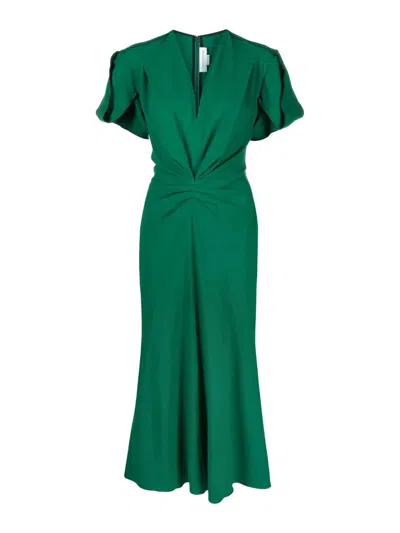 Victoria Beckham Gathered V-neck Midi Dress In Green