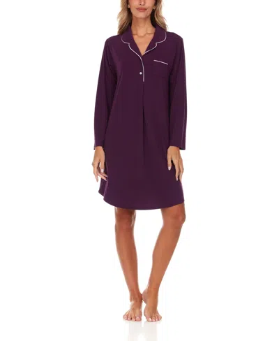 Flora By Flora Nikrooz Women's Deborah Long Sleeve Notch Knit Sleepshirt Nightgown In Plum