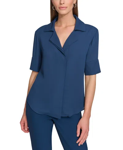 Dkny Petite Notched-lapel Short-sleeve Blouse In Navy